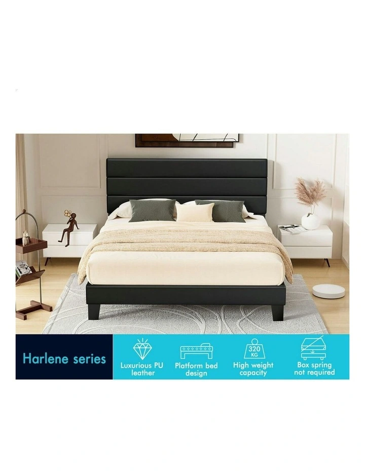 Harlene Upholstered Platform Bed Frame Queen Size in Black Leather image 3