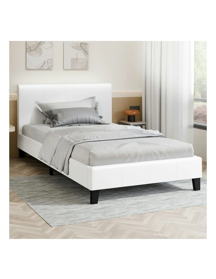 Wooden Platform Leather Mattress Base Bed Frame King Single in White image 2