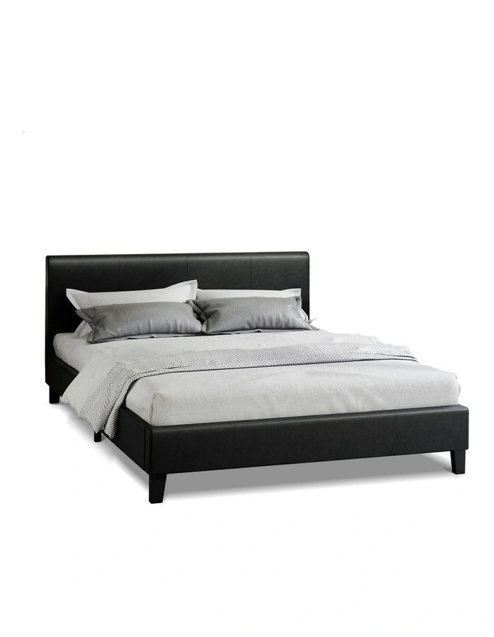 Wooden Platform Leather Mattress Base Bed Frame Queen Size in Black image 1