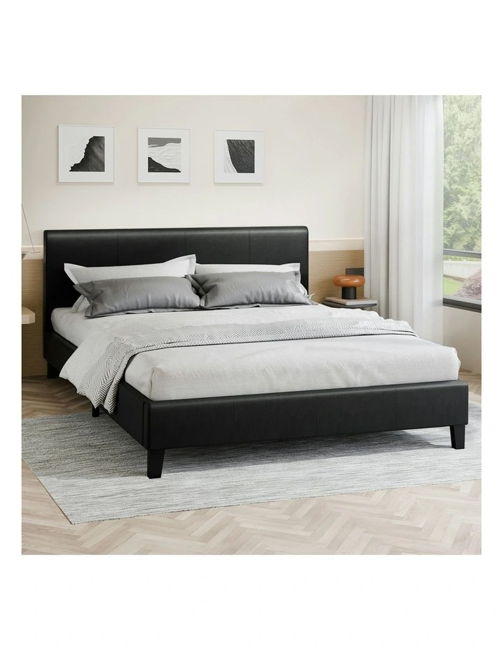 Wooden Platform Leather Mattress Base Bed Frame Queen Size in Black image 2