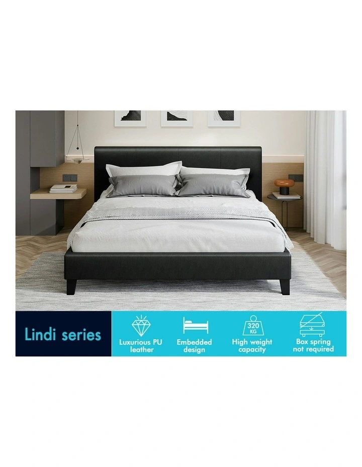 Wooden Platform Leather Mattress Base Bed Frame Queen Size in Black image 3