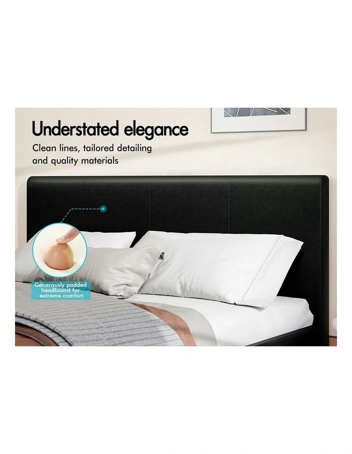 Wooden Platform Leather Mattress Base Bed Frame Queen Size in Black image 4