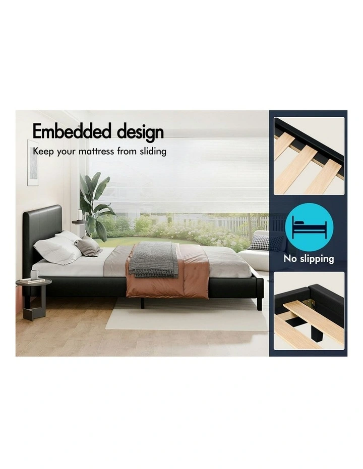 Wooden Platform Leather Mattress Base Bed Frame Queen Size in Black image 5