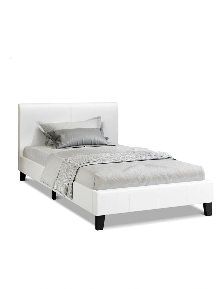 Wooden Platform Leather Mattress Base Bed Frame Single Size in White image 1