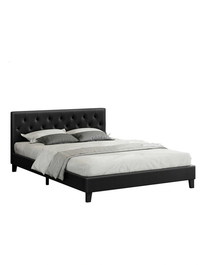Wooden Platform Leather Base Bed Frame Double Size in Black image 1