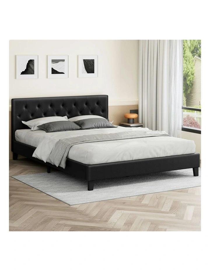 Wooden Platform Leather Base Bed Frame Double Size in Black image 2