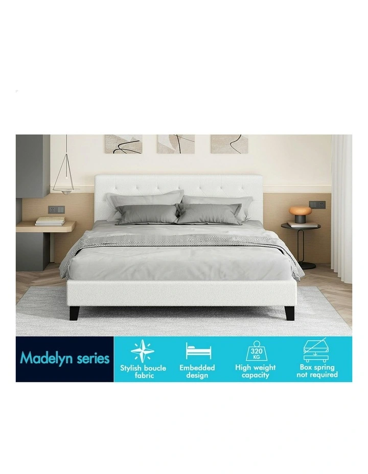 Wooden Platform Boucle Base Bed Frame Double Size in White image 3