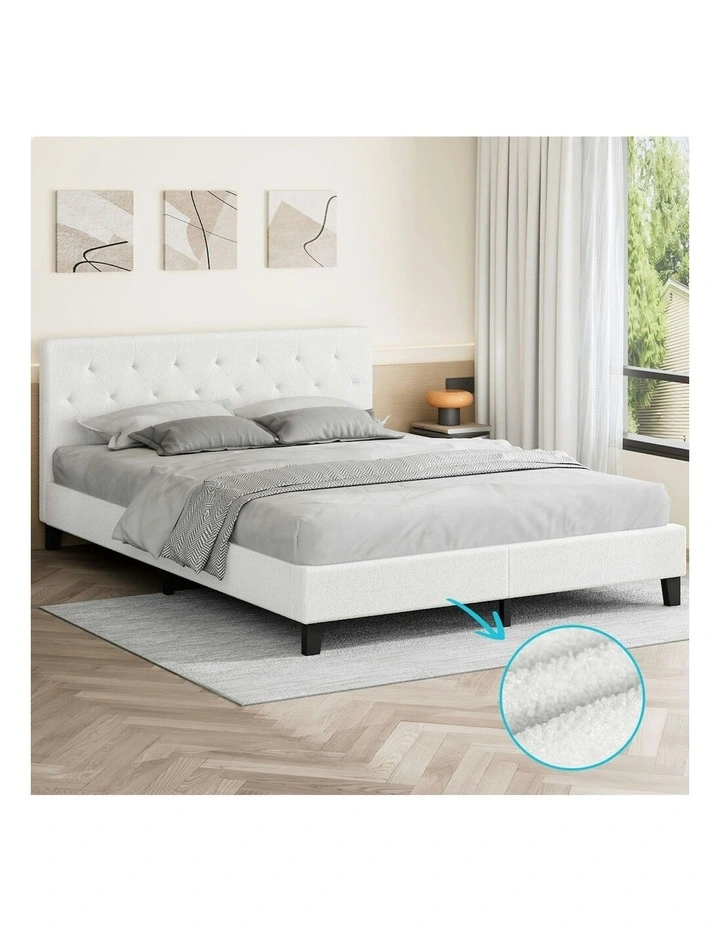 Wooden Platform Boucle Base Bed Frame King Size in White image 2