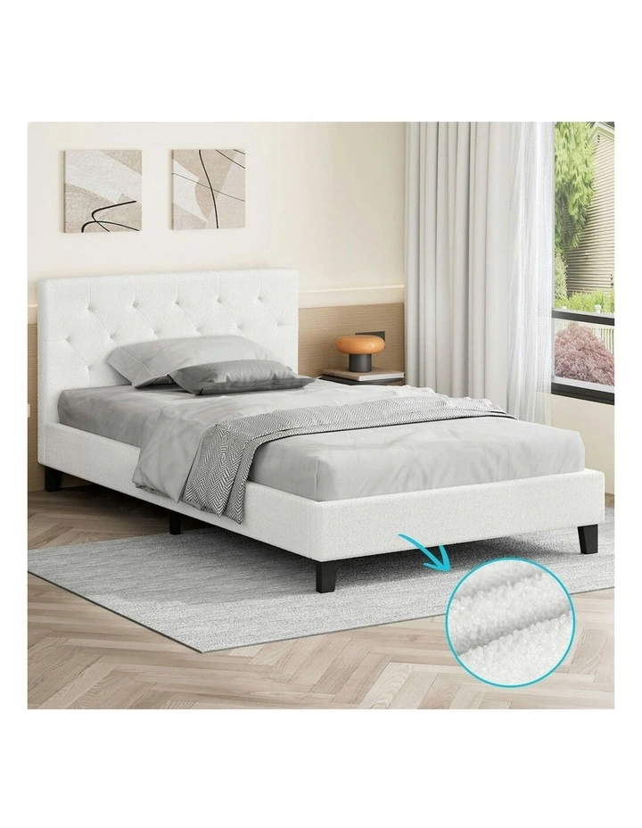 Wooden Platform Boucle Base Bed Frame King Single in White image 2