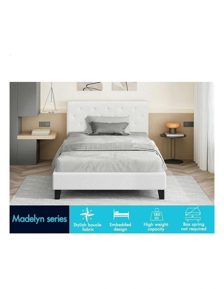 Wooden Platform Boucle Base Bed Frame King Single in White image 3