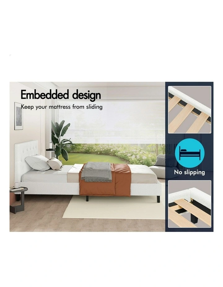 Wooden Platform Boucle Base Bed Frame King Single in White image 5
