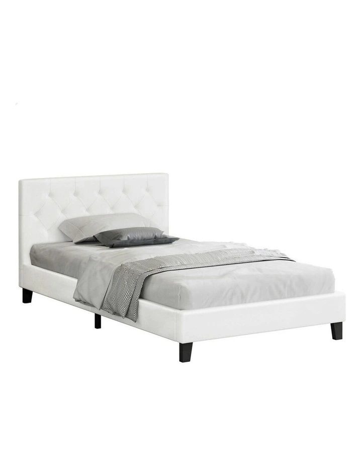 Wooden Platform Leather Base Bed Frame King Single in White image 1