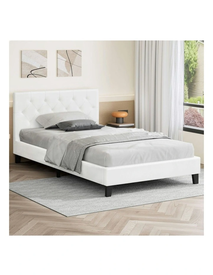 Wooden Platform Leather Base Bed Frame King Single in White image 2