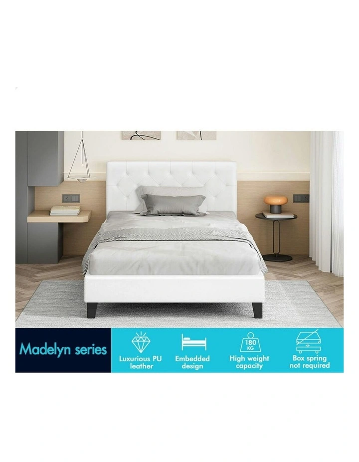 Wooden Platform Leather Base Bed Frame King Single in White image 3