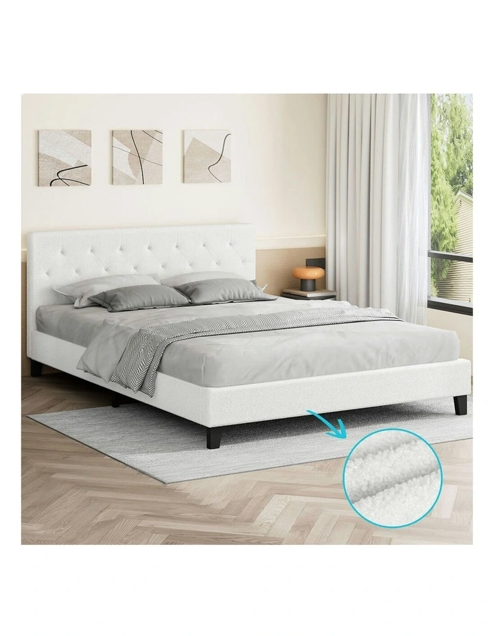 Wooden Platform Boucle Base Bed Frame Queen Size in White image 2
