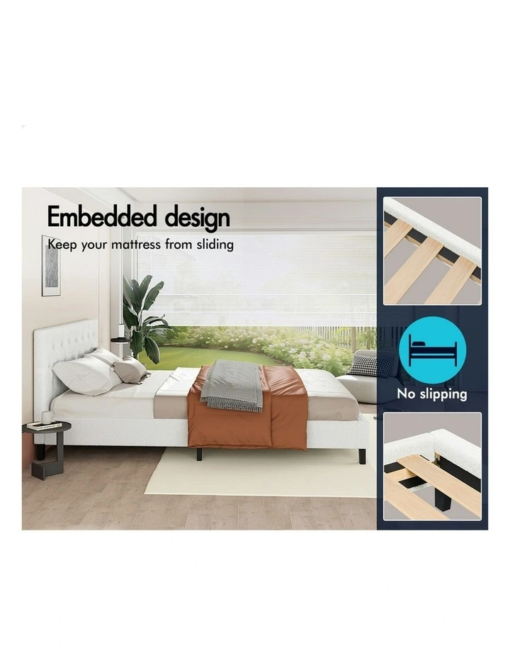 Wooden Platform Boucle Base Bed Frame Queen Size in White image 5
