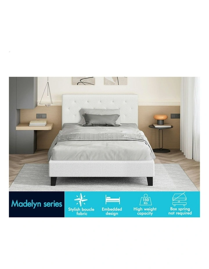 Wooden Platform Boucle Base Bed Frame Single Size in White image 3