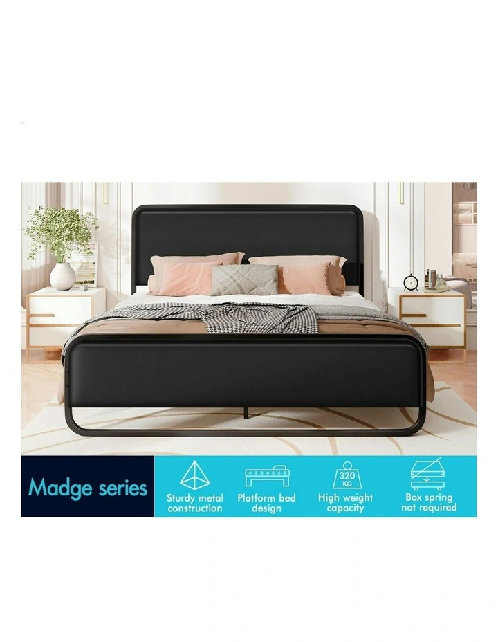 Upholstered Headboard Leather Metal Bed Frame Double Size in Black image 3