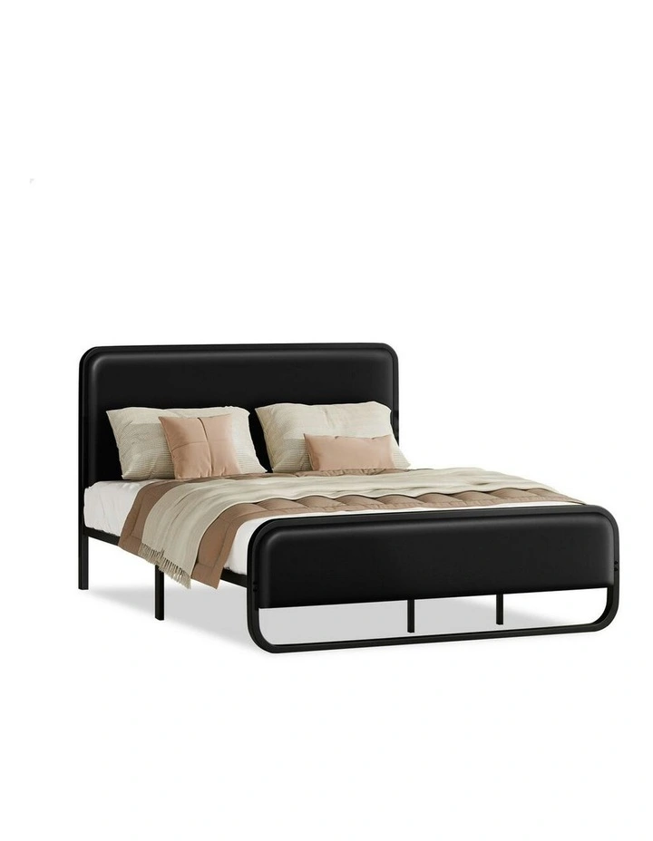 Upholstered Headboard Leather Metal Bed Frame King Size in Black image 1