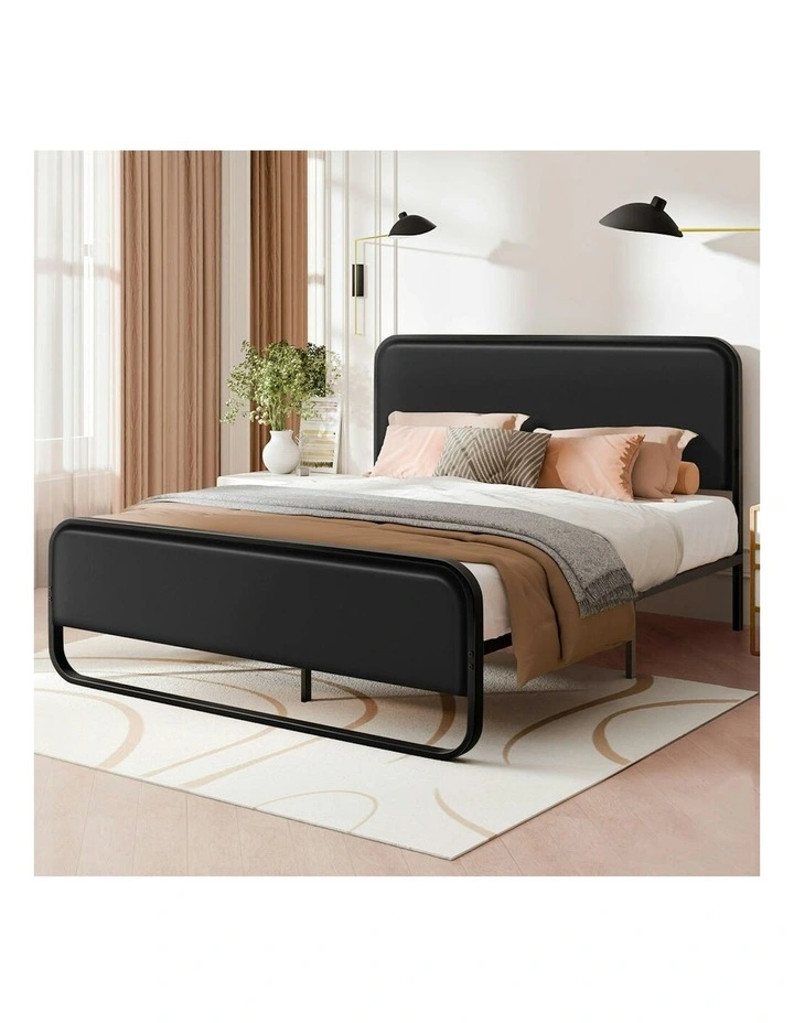 Upholstered Headboard Leather Metal Bed Frame King Size in Black image 2