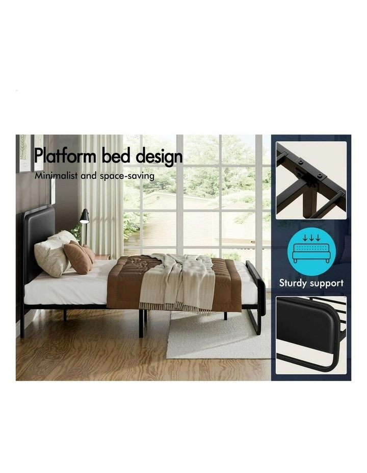 Upholstered Headboard Leather Metal Bed Frame King Size in Black image 5