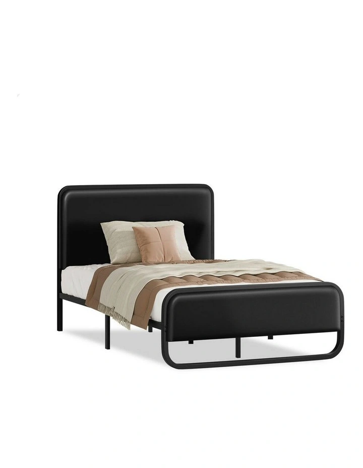 Upholstered Headboard Leather Metal Bed Frame King Single in Black image 1
