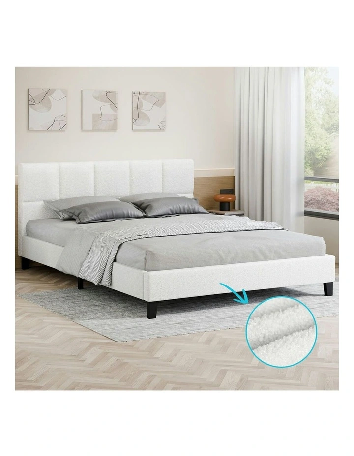 Mattress Base Platform Wooden Boucle Fabric Bed Frame Double Size in White image 2