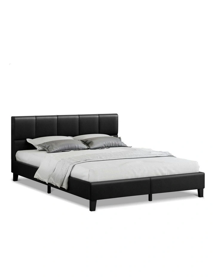 Mattress Base Platform Wooden Leather Bed Frame King Size in Black image 1