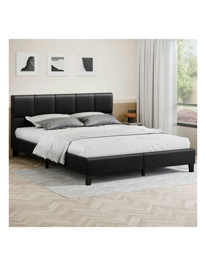 Mattress Base Platform Wooden Leather Bed Frame King Size in Black image 2