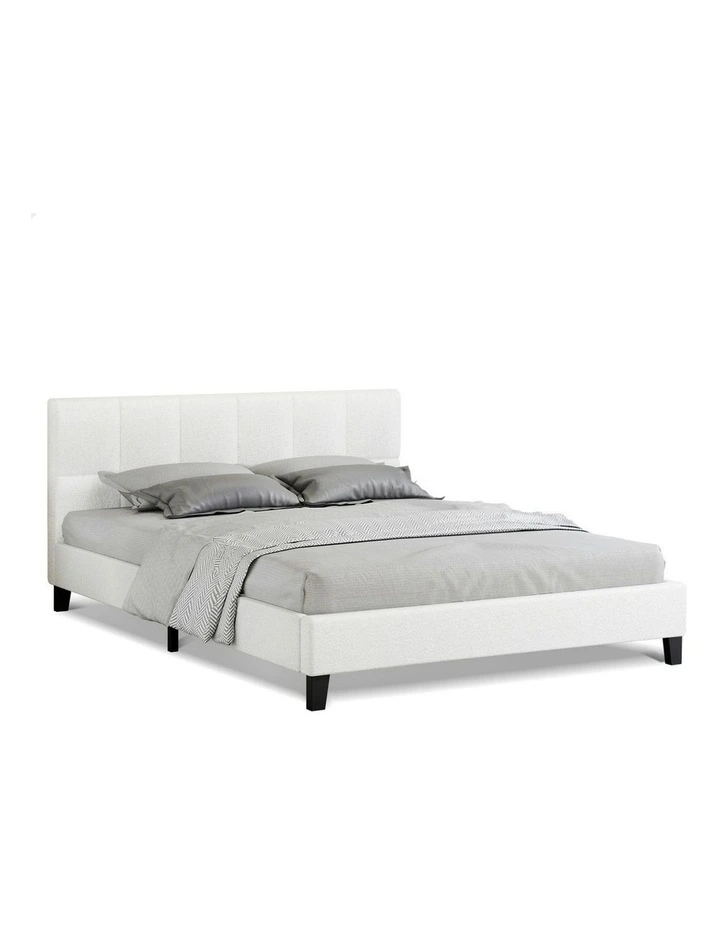 Mattress Base Platform Wooden Boucle Fabric Bed Frame King Size in White image 1