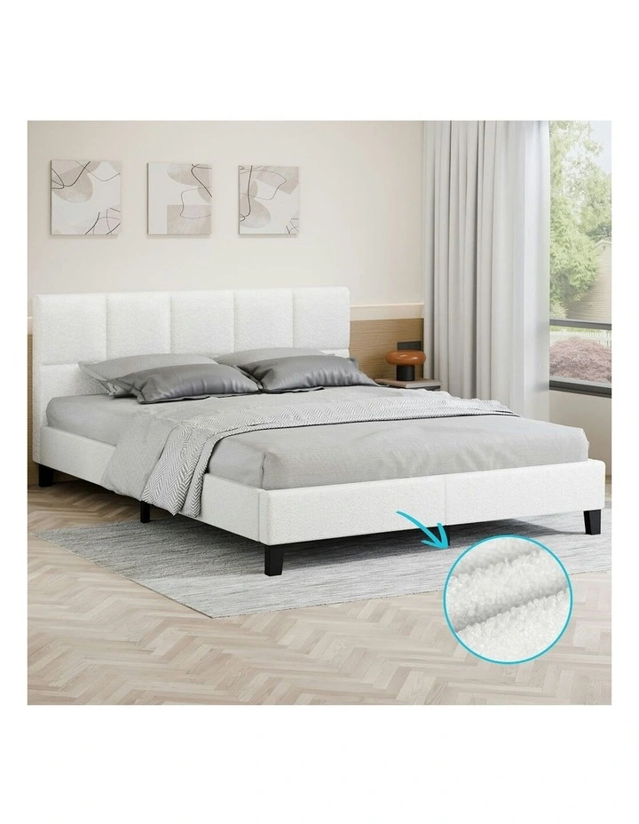 Mattress Base Platform Wooden Boucle Fabric Bed Frame King Size in White image 2
