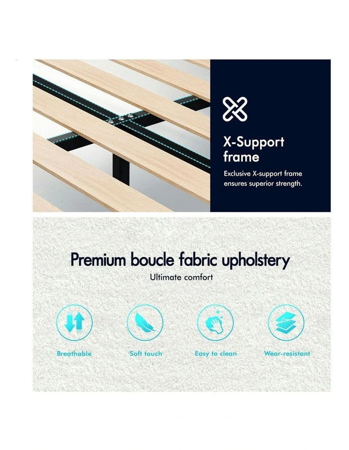 Mattress Base Platform Wooden Boucle Fabric Bed Frame King Size in White image 7