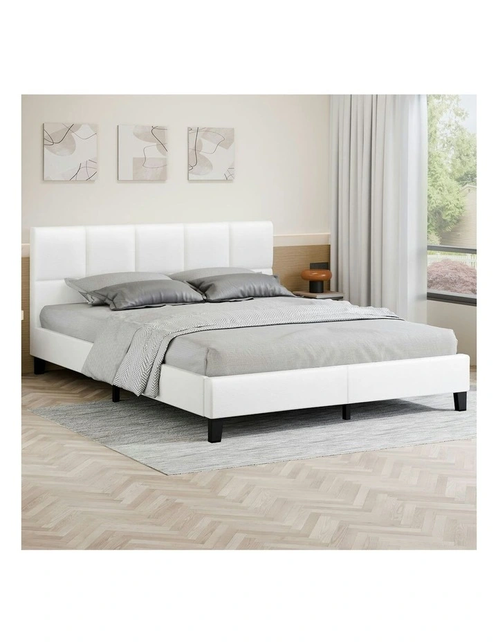 Mattress Base Platform Wooden Leather Bed Frame King Size in White image 2