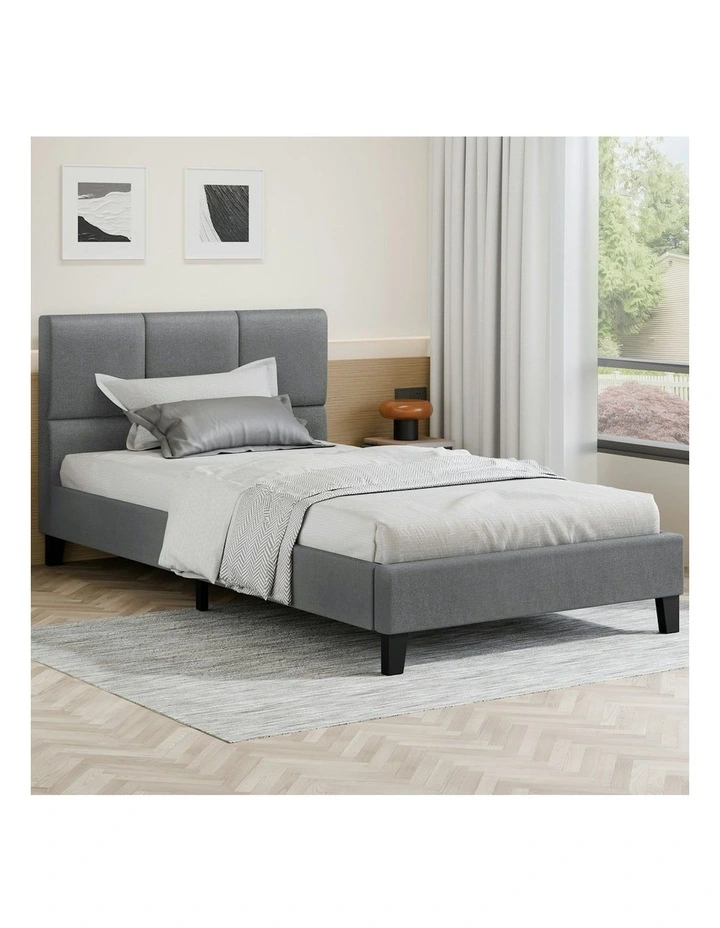 Bed Frame Wooden Platform Mattress Base Fabric Single Size in Grey image 2