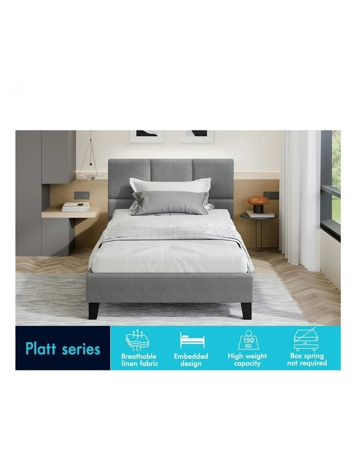 Bed Frame Wooden Platform Mattress Base Fabric Single Size in Grey image 3