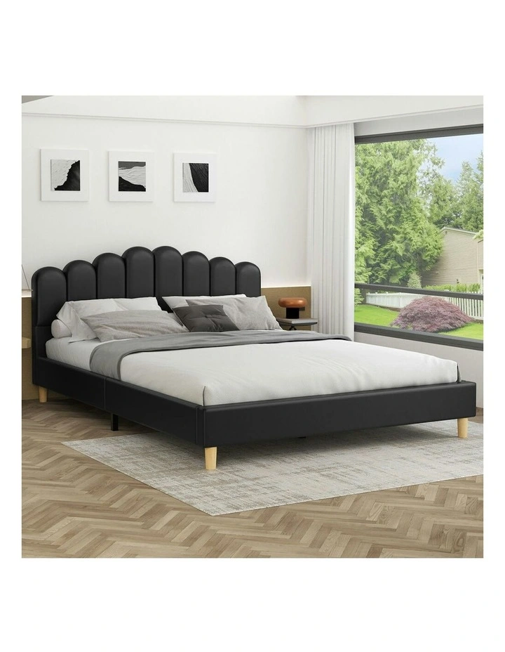 Double Size Upholstered Platform Base Leather Bed Frame in Black image 2