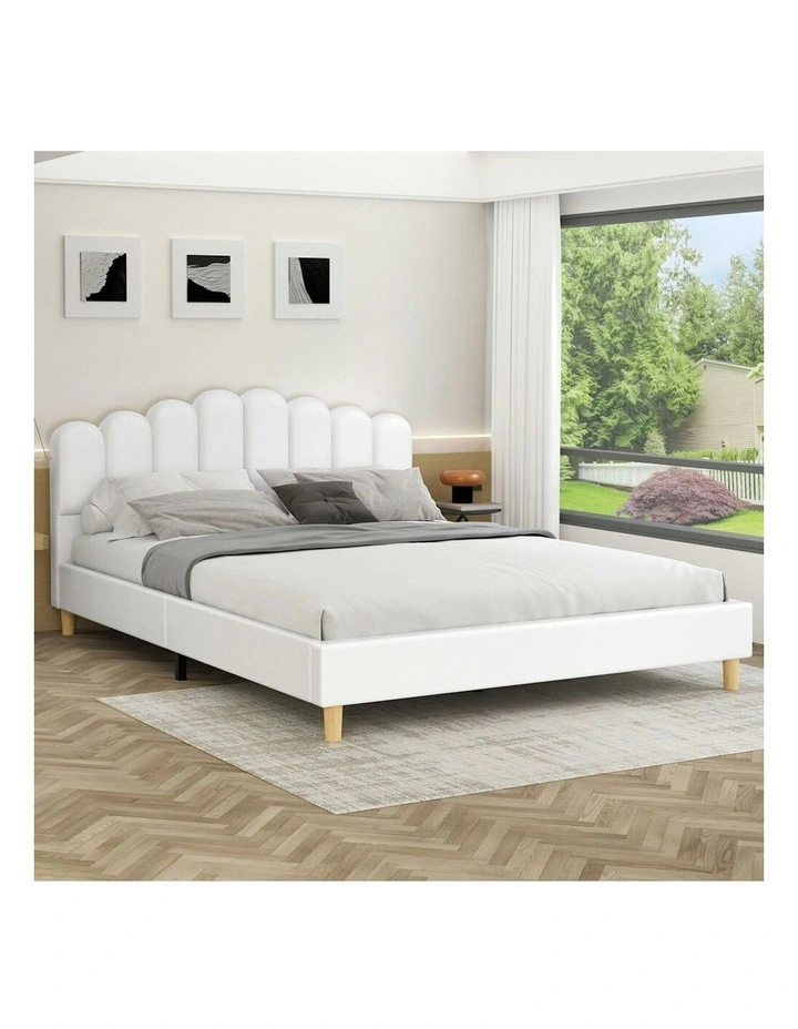 Double Size Upholstered Platform Base Leather Bed Frame in White image 2