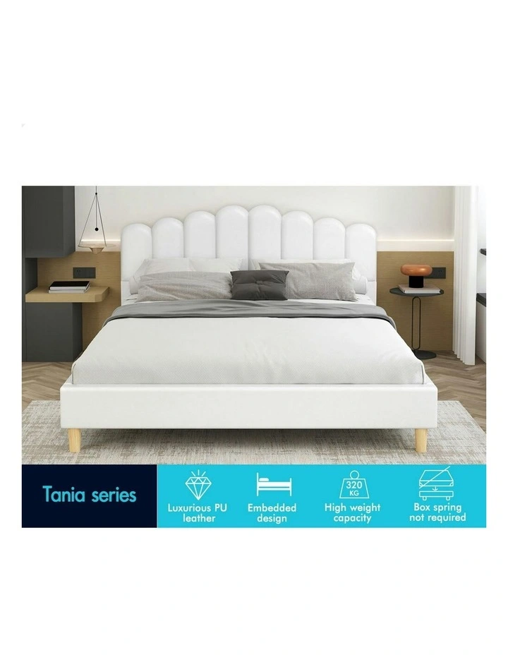 Double Size Upholstered Platform Base Leather Bed Frame in White image 3