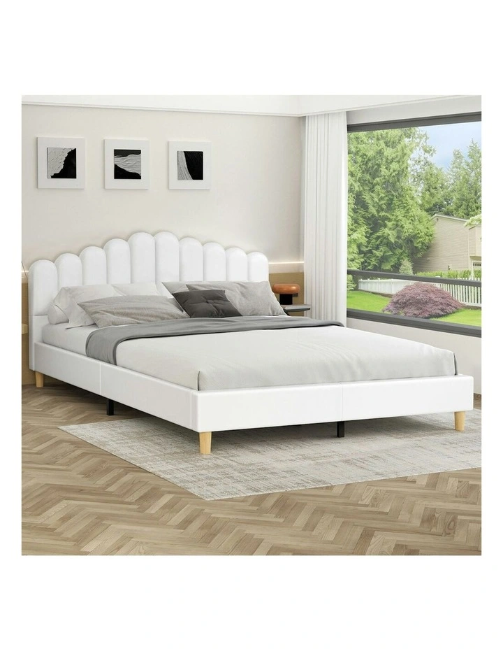 King Size Upholstered Platform Base Leather Bed Frame in White image 2