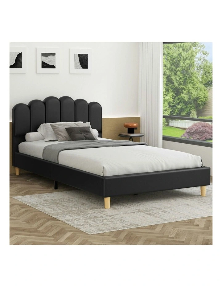 King Single Upholstered Platform Base Leather Bed Frame in Black image 2