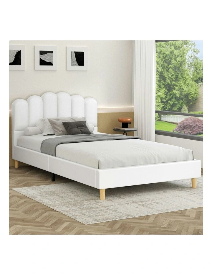 King Single Upholstered Platform Base Leather Bed Frame in White image 2