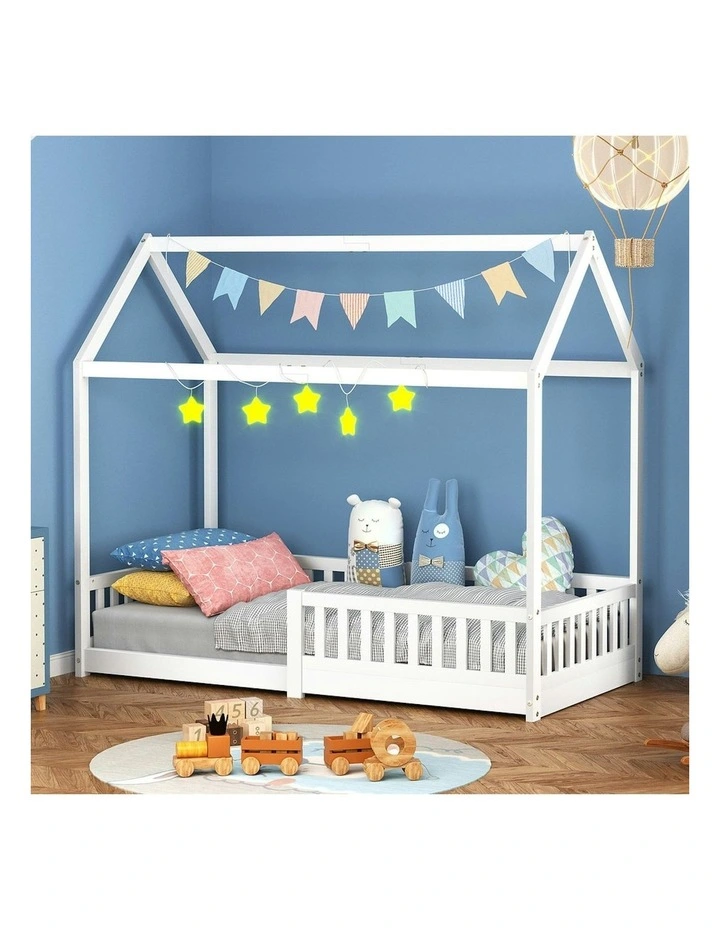 Wooden Timber Single House Frame Platform Base With Security Rail Bed Frame in White image 2