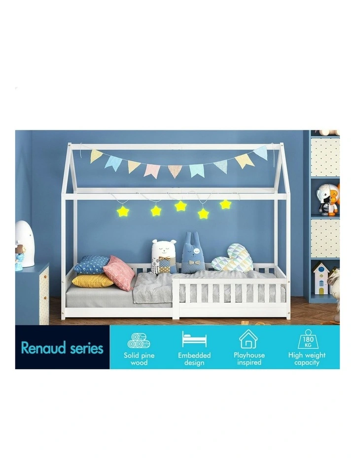 Wooden Timber Single House Frame Platform Base With Security Rail Bed Frame in White image 3