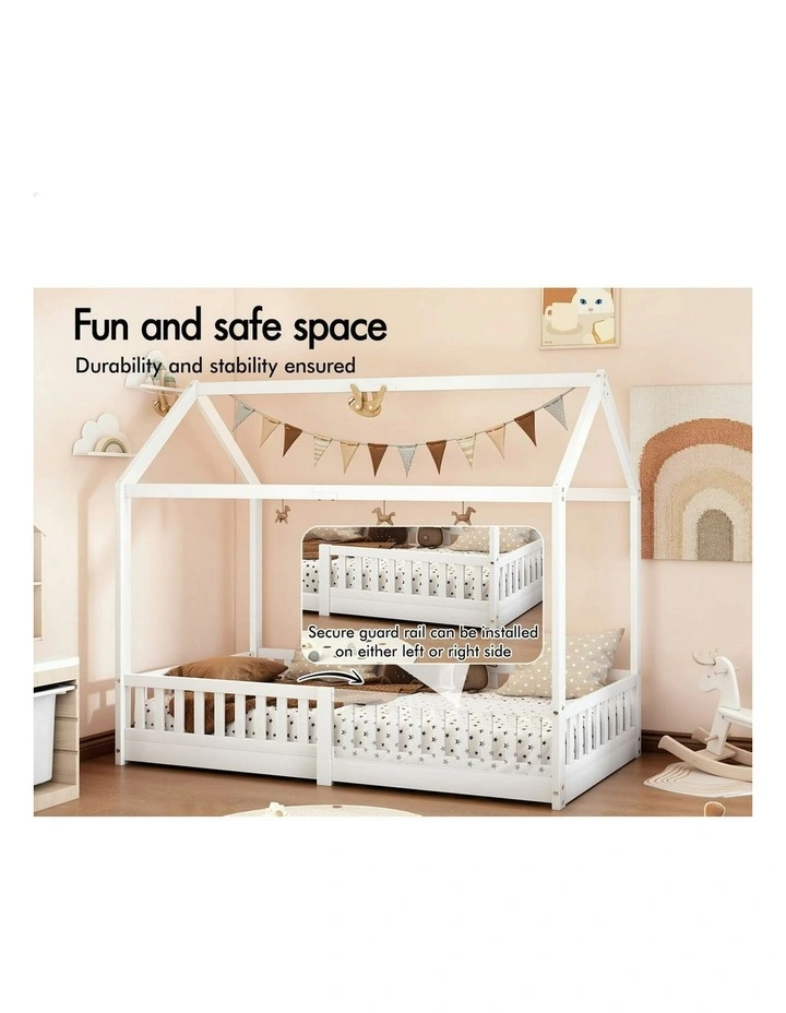 Wooden Timber Single House Frame Platform Base With Security Rail Bed Frame in White image 4