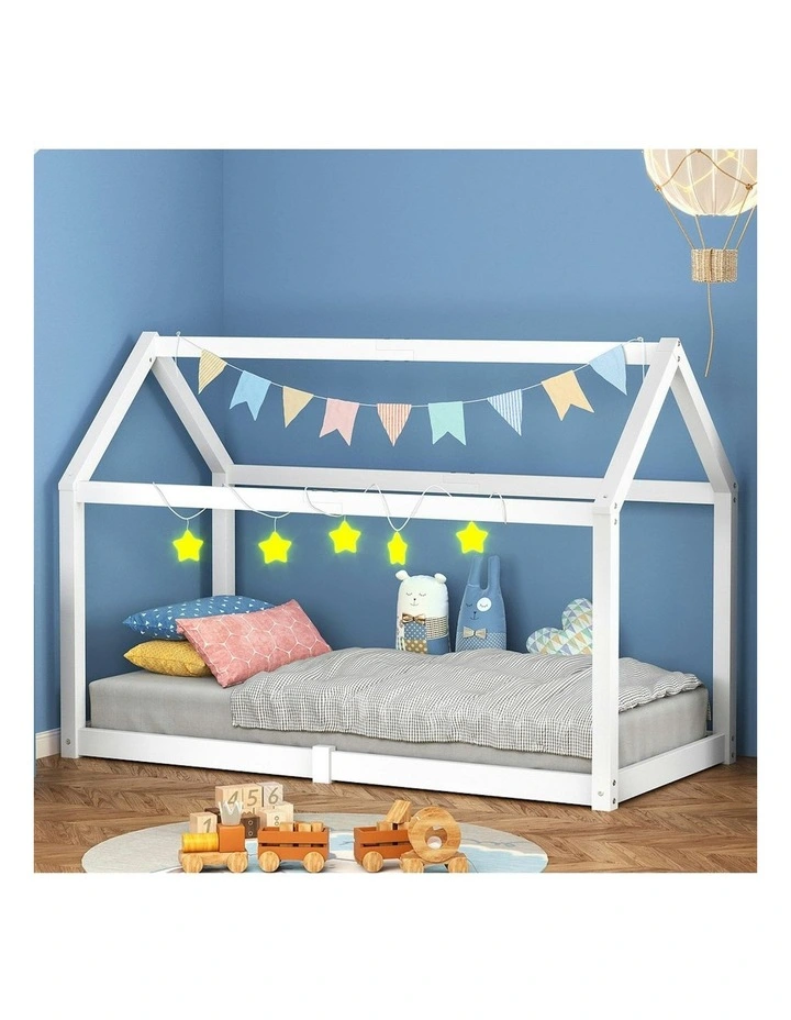 Wooden Timber Single House Frame Platform Bed Frame in White image 2