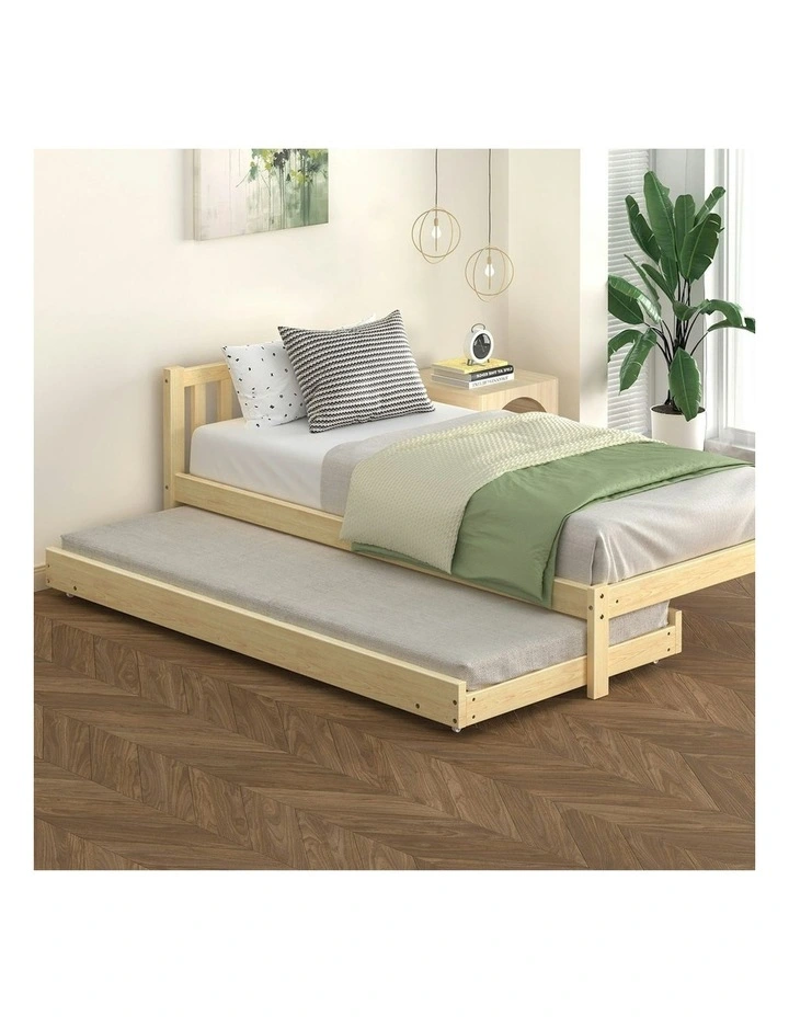 Trundle Wooden Mattress Base 2x SIngle Size Bed Frame in Oak image 2