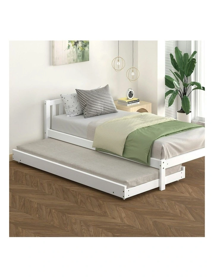 Trundle Wooden Mattress Base Single Size Bed Frame x2 in White image 2
