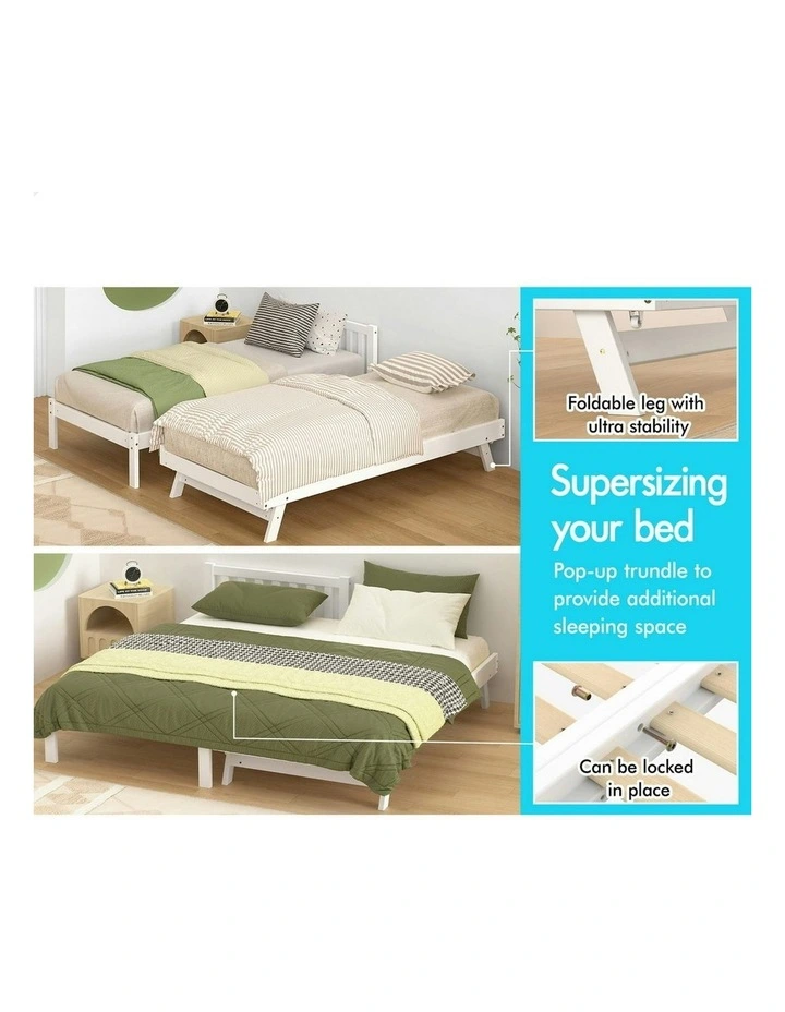 Trundle Wooden Mattress Base Single Size Bed Frame x2 in White image 4