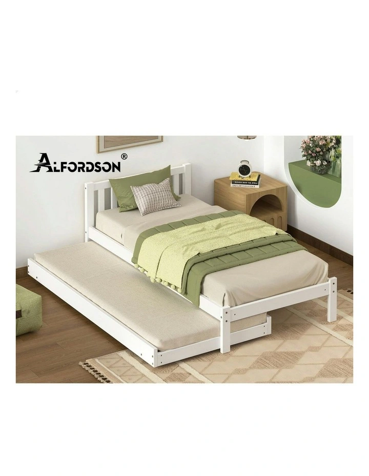 Trundle Wooden Mattress Base Single Size Bed Frame x2 in White image 7