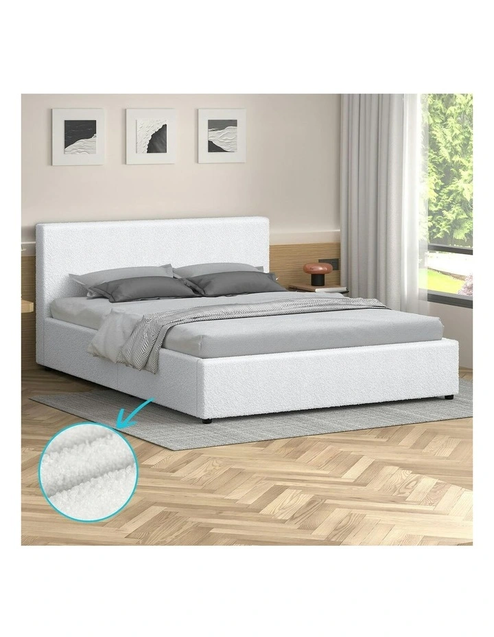 Double Size Gas Lift Storage Base Bed Frame in White Boucle image 2